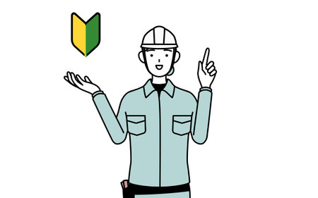 Female engineer in helmet and work wear showing the symbol for young leaves, Vector Illustrationのイラスト素材