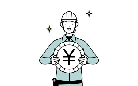 Female engineer in helmet and work wear an image of foreign exchange gains and yen appreciation, Vector Illustrationのイラスト素材