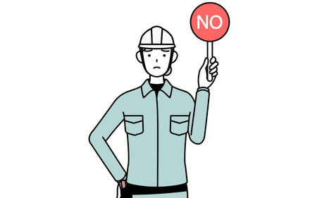 Female engineer in helmet and work wear holding a placard with an X indicating incorrect answer, Vector Illustrationのイラスト素材