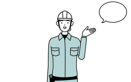 Female engineer in helmet and work wear giving directions, with a wipeout, Vector Illustrationのイラスト素材