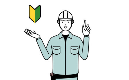 Man in helmet and workwear showing the symbol for young leaves, Vector Illustrationのイラスト素材