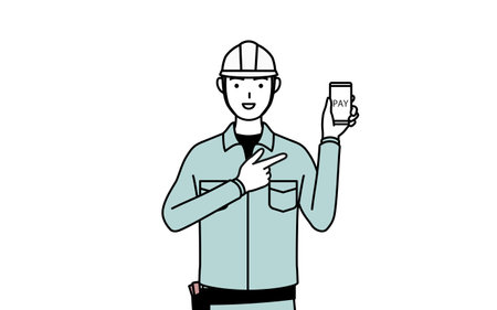 Man in helmet and workwear recommending cashless online payments on a smartphone, Vector Illustrationのイラスト素材