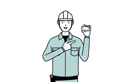 Man in helmet and workwear recommending credit card payment, Vector Illustrationのイラスト素材