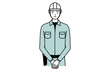 Man in helmet and workwear bowing with folded hands, Vector Illustrationのイラスト素材