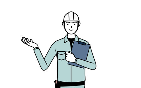 Man in helmet and workwear holding a clipboard and extending his hand, Vector Illustrationのイラスト素材