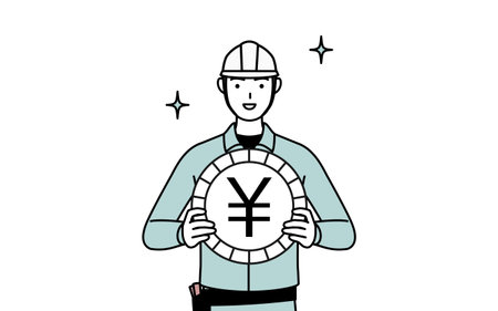 Man in helmet and workwear an image of foreign exchange gains and yen appreciation, Vector Illustrationのイラスト素材