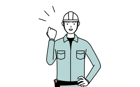 Man in helmet and workwear posing with guts, Vector Illustrationのイラスト素材