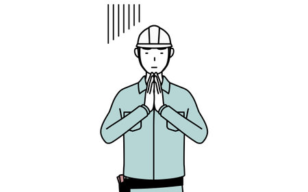 Man in helmet and workwear apologizing with his hands in front of his body, Vector Illustrationのイラスト素材
