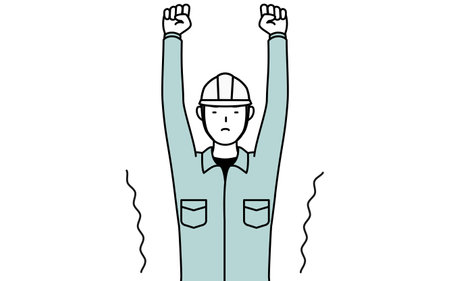 Man in helmet and workwear stretching and standing tall, Vector Illustrationのイラスト素材