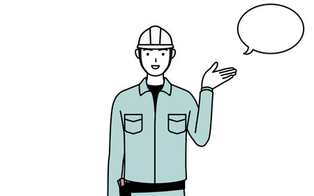 Man in helmet and workwear giving directions, with a wipeout, Vector Illustrationのイラスト素材
