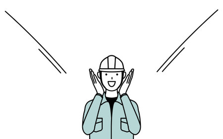 Man in helmet and workwear calling out with his hand over his mouth, Vector Illustrationのイラスト素材