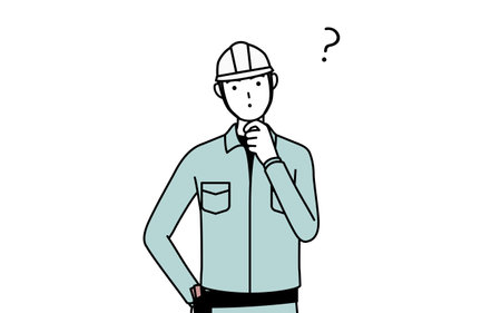 Man in helmet and workwear nodding his head in question, Vector Illustrationのイラスト素材
