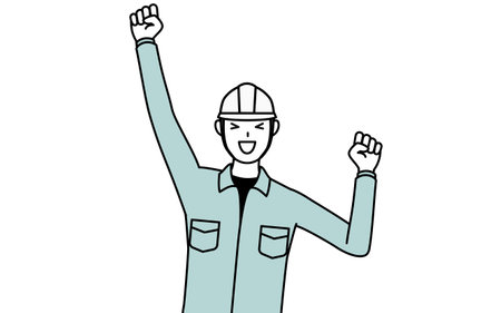 Man in helmet and workwear smiling and jumping, Vector Illustrationのイラスト素材