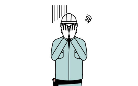 Man in helmet and workwear covering his face in depression, Vector Illustrationのイラスト素材