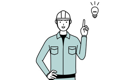 Man in helmet and workwear coming up with an idea, Vector Illustrationのイラスト素材