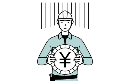 Man in helmet and workwear an image of exchange loss or yen depreciation, Vector Illustrationのイラスト素材