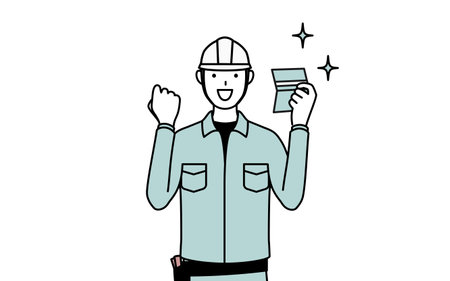 Man in helmet and workwear who is pleased to see a bankbook, Vector Illustrationのイラスト素材