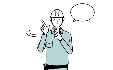 Man in helmet and workwear operating a smartphone, Vector Illustrationのイラスト素材