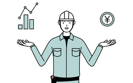 Man in helmet and workwear guiding an image of DX, performance and sales improvement, Vector Illustrationのイラスト素材