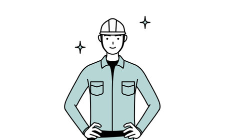 Man in helmet and workwear with his hands on his hips, Vector Illustrationのイラスト素材