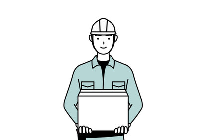 Man in helmet and workwear working to carry cardboard boxes, Vector Illustrationのイラスト素材