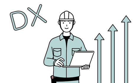 Image of DX, Man in helmet and workwear who has successfully improved his business, Vector Illustrationのイラスト素材