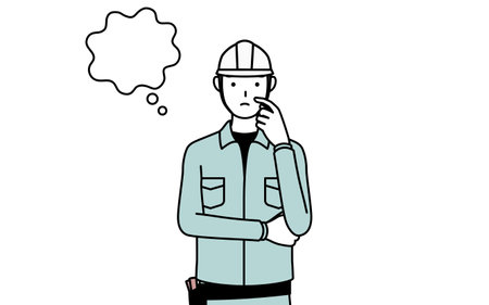 Man in helmet and workwear thinking while scratching his face, Vector Illustrationのイラスト素材