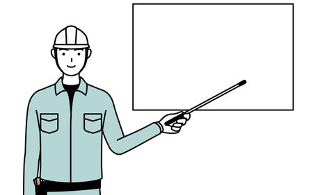 Man in helmet and workwear pointing at a whiteboard with an indicator stick, Vector Illustrationのイラスト素材