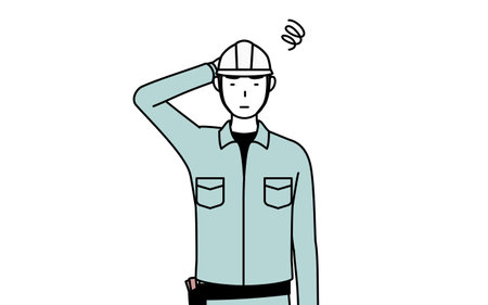 Man in helmet and workwear scratching his head in distress, Vector Illustrationのイラスト素材