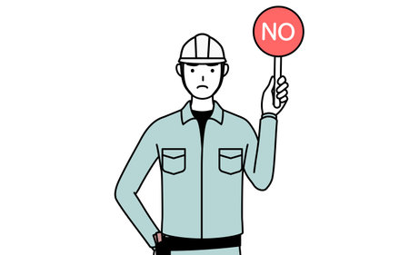 Man in helmet and workwear holding a placard with an X indicating incorrect answer, Vector Illustrationのイラスト素材
