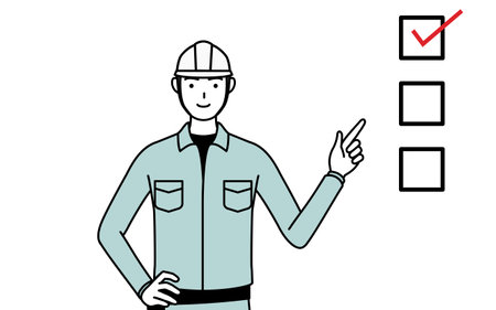 Man in helmet and workwear pointing to a checklist, Vector Illustrationのイラスト素材