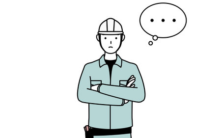 Man in helmet and workwear with crossed arms, deep in thought, Vector Illustrationのイラスト素材