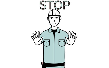 Man in helmet and workwear with his hands out in front of his body, signaling a stop, Vector Illustrationのイラスト素材