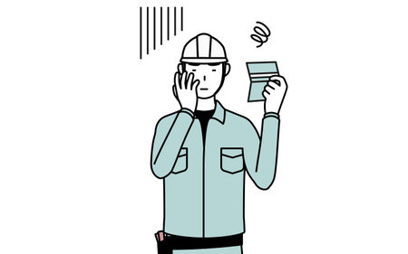 Man in helmet and workwear looking at his bankbook and feeling depressed, Vector Illustrationのイラスト素材