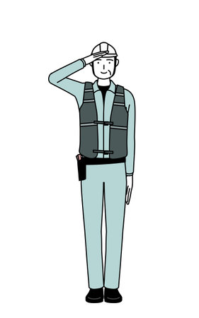 Senior male engineer in helmet and work wear making a salute, Vector Illustrationのイラスト素材