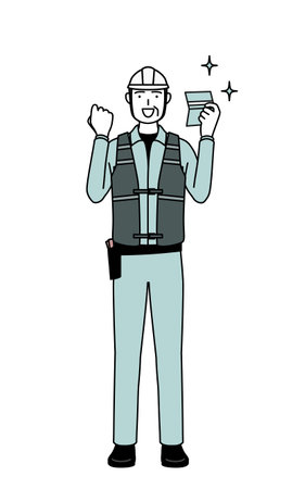 Senior male engineer in helmet and work wear who is pleased to see a bankbook, Vector Illustrationのイラスト素材