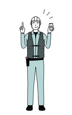 Senior male engineer in helmet and work wear taking security measures for his phone, Vector Illustrationのイラスト素材