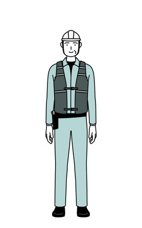 Senior male engineer in helmet and work wear with a smile facing forward, Vector Illustrationのイラスト素材