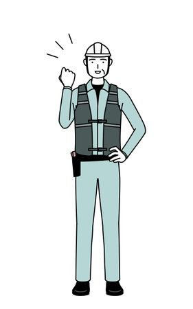 Senior male engineer in helmet and work wear posing with guts, Vector Illustrationのイラスト素材