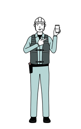 Senior male engineer in helmet and work wear recommending cashless online payments on a smartphone, Vector Illustrationのイラスト素材