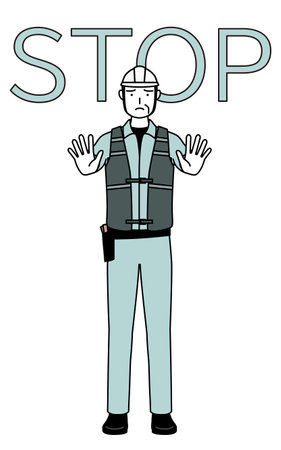 Senior male engineer in helmet and work wear with his hands out in front of his body, signaling a stop, Vector Illustrationのイラスト素材