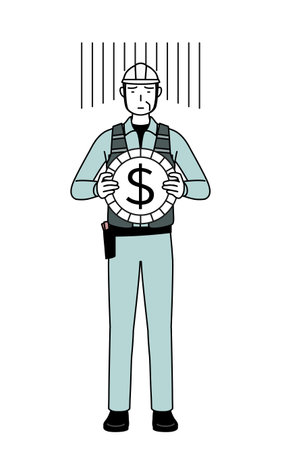 Senior male engineer in helmet and work wear an image of exchange loss or dollar depreciation, Vector Illustrationのイラスト素材