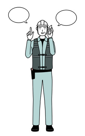 Senior male engineer in helmet and work wear pointing while on the phone, Vector Illustrationのイラスト素材