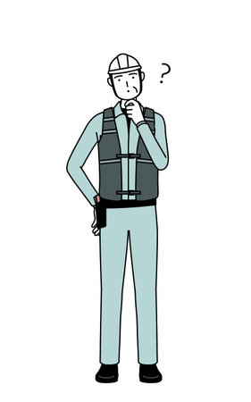 Senior male engineer in helmet and work wear nodding his head in question, Vector Illustrationのイラスト素材
