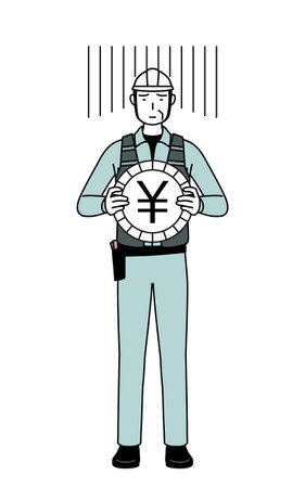 Senior male engineer in helmet and work wear an image of exchange loss or yen depreciation, Vector Illustrationのイラスト素材
