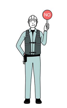 Senior male engineer in helmet and work wear holding a placard with an X indicating incorrect answer, Vector Illustrationのイラスト素材