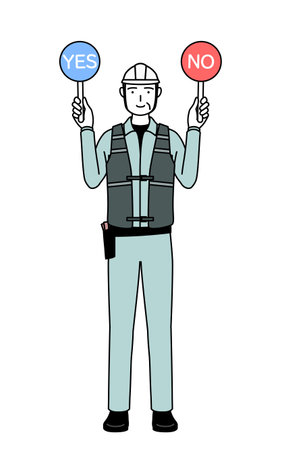 Senior male engineer in helmet and work wear holding a placard indicating correct and incorrect answers, Vector Illustrationのイラスト素材