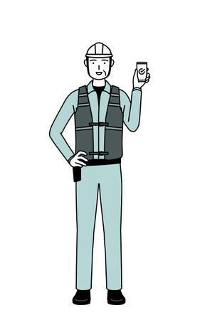Senior male engineer in helmet and work wear using a smartphone at work, Vector Illustrationのイラスト素材