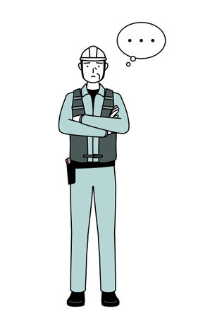 Senior male engineer in helmet and work wear with crossed arms, deep in thought, Vector Illustrationのイラスト素材