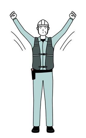 Senior male engineer in helmet and work wear doing radio calisthenics, preparation for accident prevention, Vector Illustrationのイラスト素材